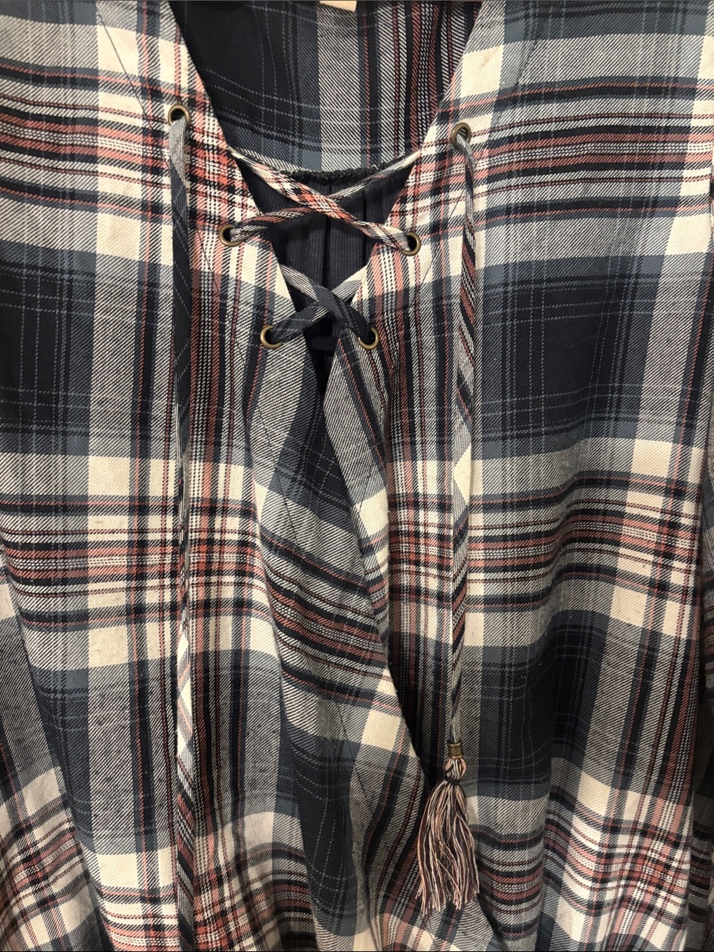 Knox Rose Navy, White & Burgundy Plaid Lace-Up Peasant Blouse - Picture 3 of 4